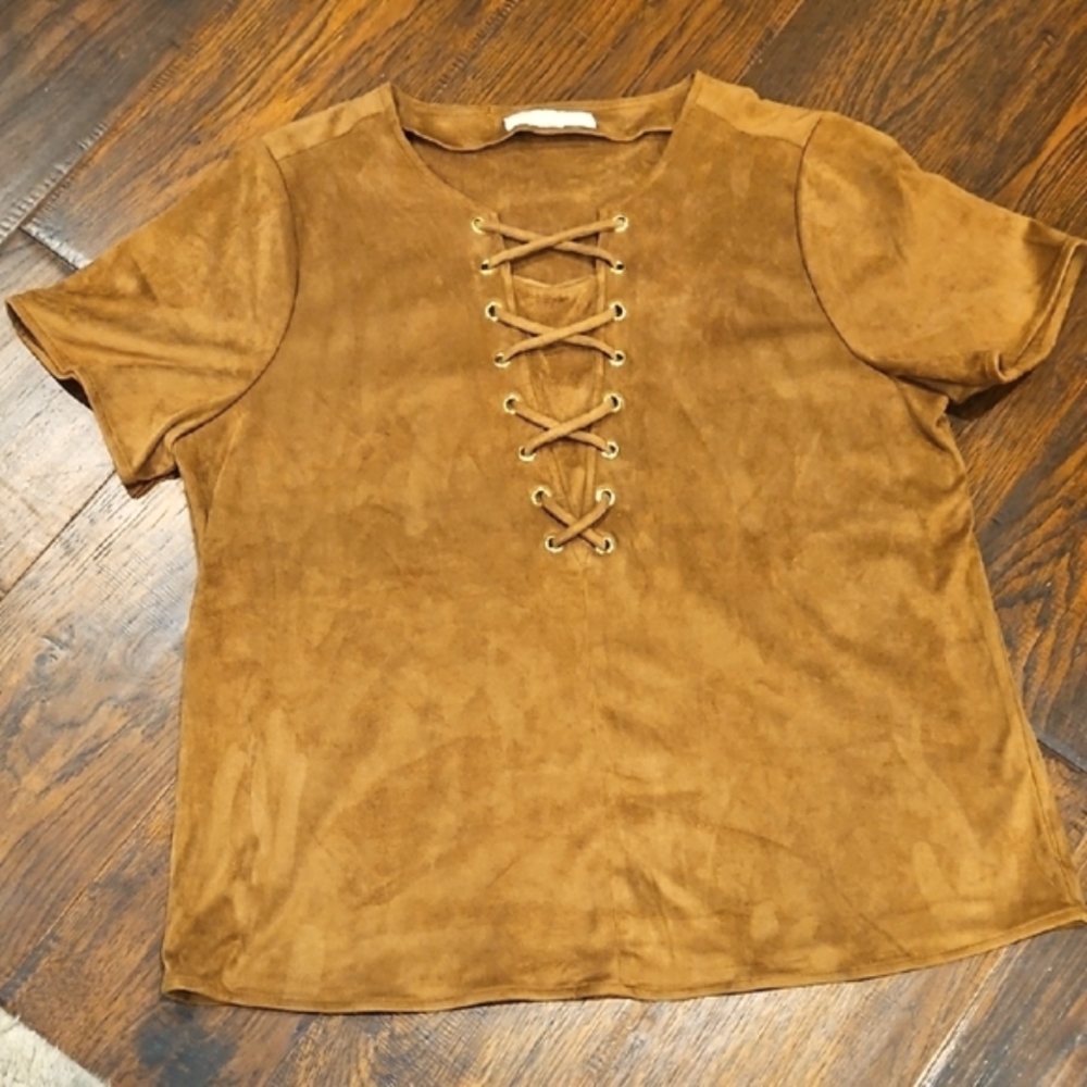 Michael Korrs Brown Caramel Lace-Up Women's Faux Suede Tshirt Top Sz L